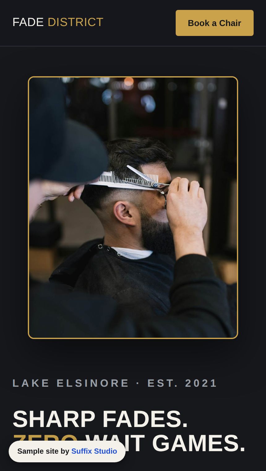 Fade District Barbershop website built by Suffix Studio