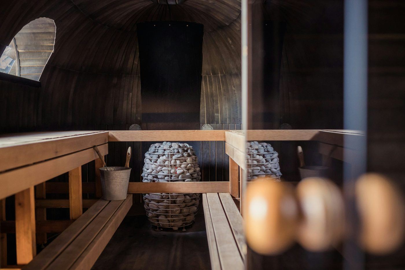A warm cedar sauna interior