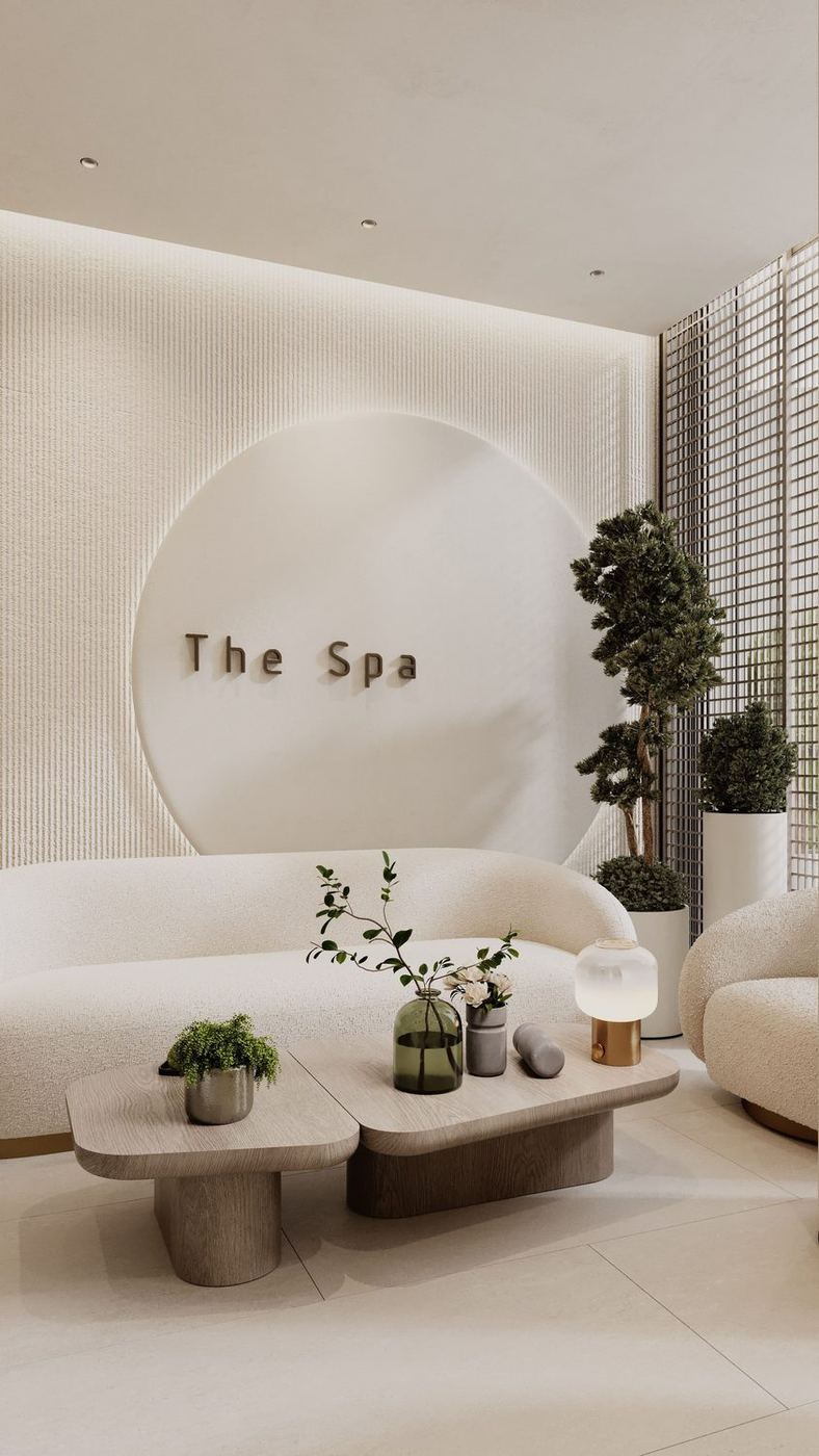 The calm, minimal reception lounge of the studio